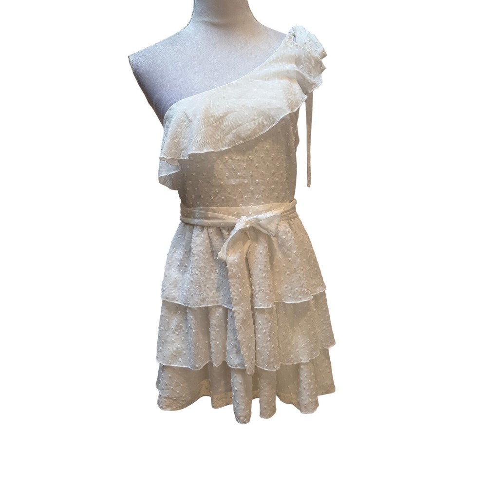 Showpo Darling I Am A Daydream Dress Women 6 White One Shoulder Swiss Dot Tiered